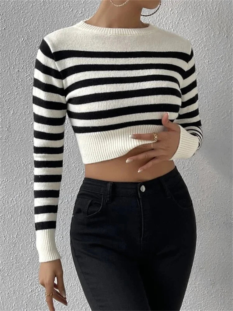 Tossy Striped Knit Sweater Pullover For Women Patchwork Long Sleeve Slim Crop top Fashion High Street Knitwear Female Pullover