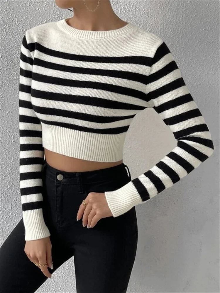 Tossy Striped Knit Sweater Pullover For Women Patchwork Long Sleeve Slim Crop top Fashion High Street Knitwear Female Pullover