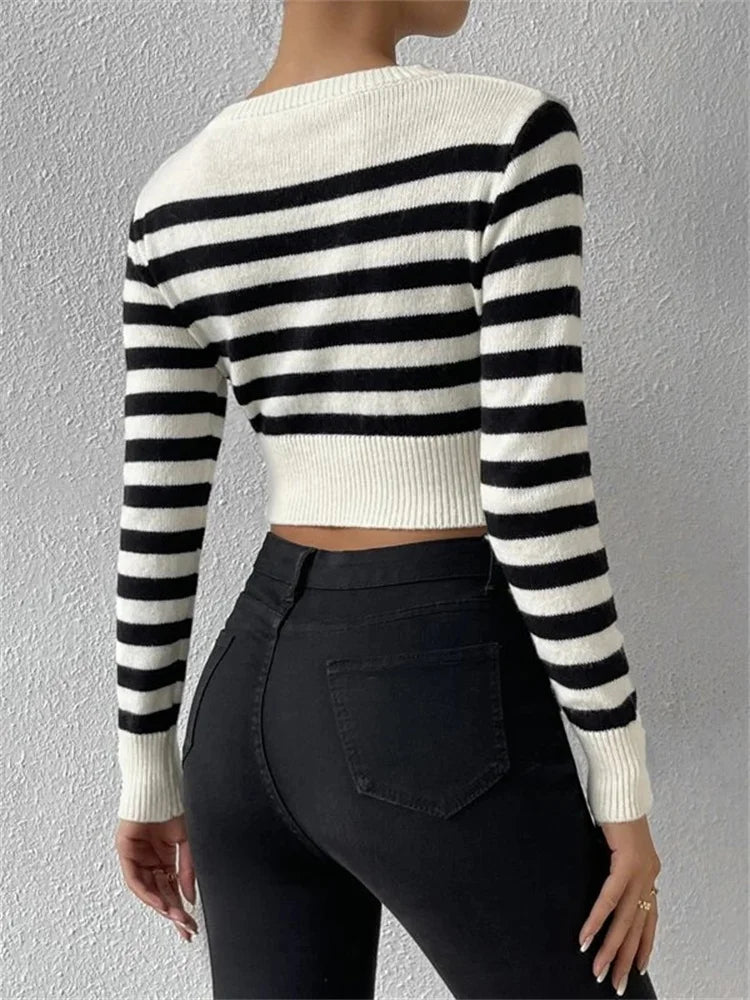 Tossy Striped Knit Sweater Pullover For Women Patchwork Long Sleeve Slim Crop top Fashion High Street Knitwear Female Pullover