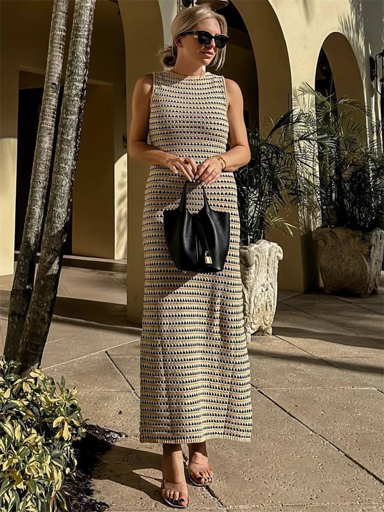 Tossy Striped See-Through Long Dress Female Elegant Sleeveless High Waist Patchwork Fashion Beach Dress Knit Maxi Dress Summer