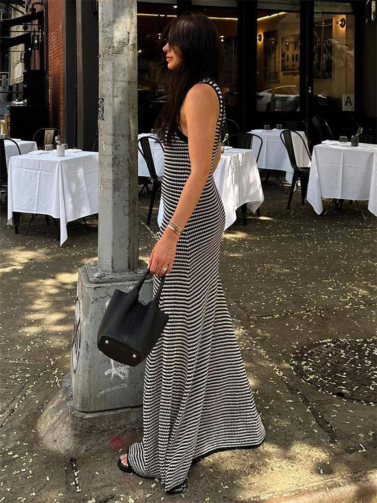 Tossy Striped Sleeveless Slim Maxi Dress Female Hollow Out Patchwork Casual Boho Holiday Beach Dress Women’s High Waist Dress