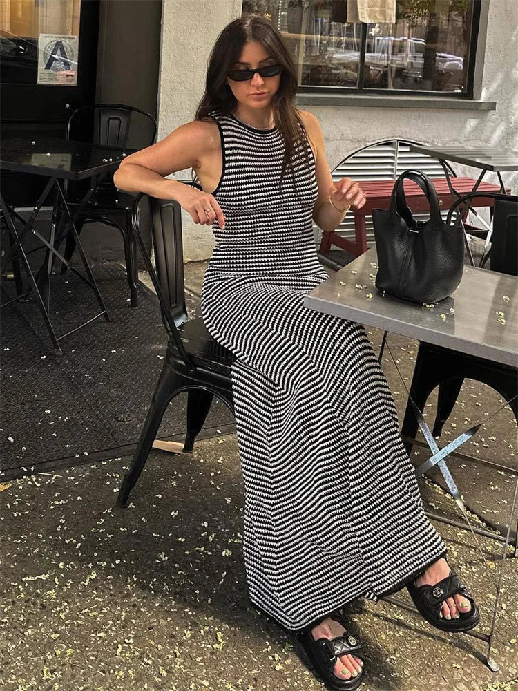 Tossy Striped Sleeveless Slim Maxi Dress Female Hollow Out Patchwork Casual Boho Holiday Beach Dress Women’s High Waist Dress