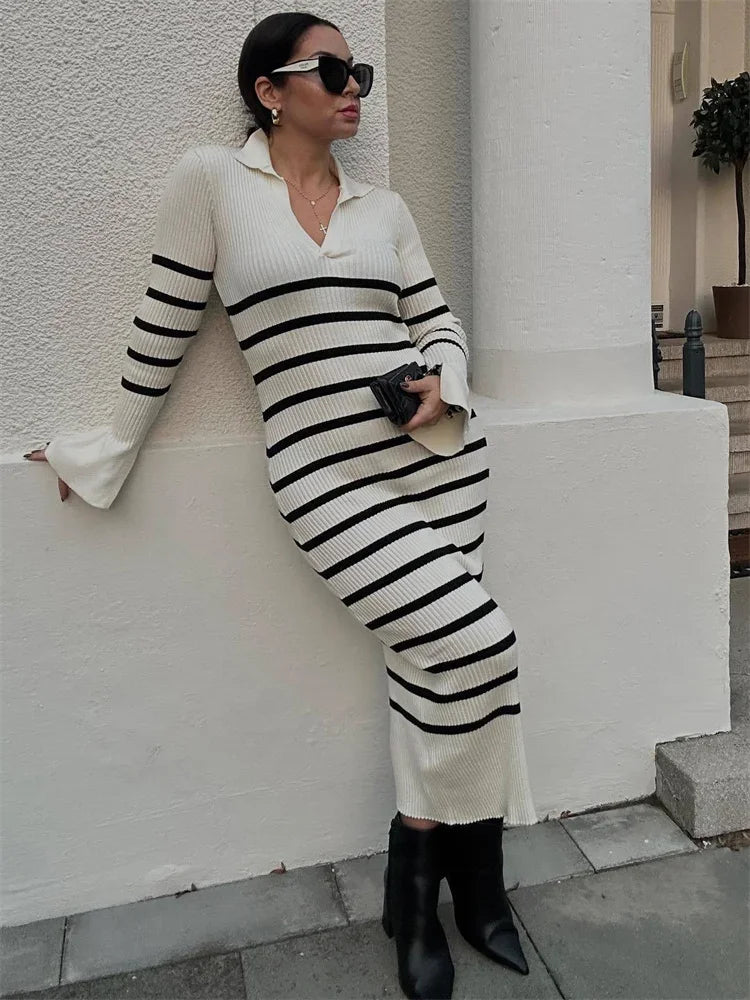 Tossy Striped V-Neck Knit Maxi Dress For Women Ribbed Patchwork Slim Long Sleeve Elegant Party Dress Loose Knitwear Long Dress