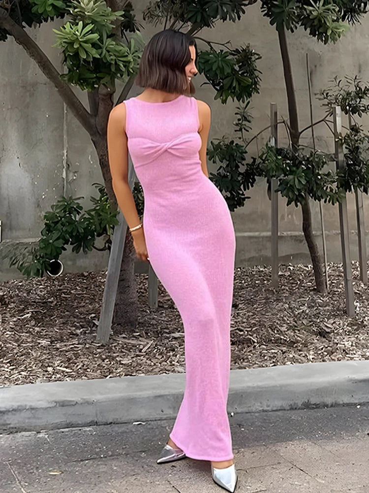 Tossy Summer Beach Knit Maxi Dress For Women Cover-Up Pink Sleeveless Twist Sundress Knitwear See-through Maxi Bodycon Dress New