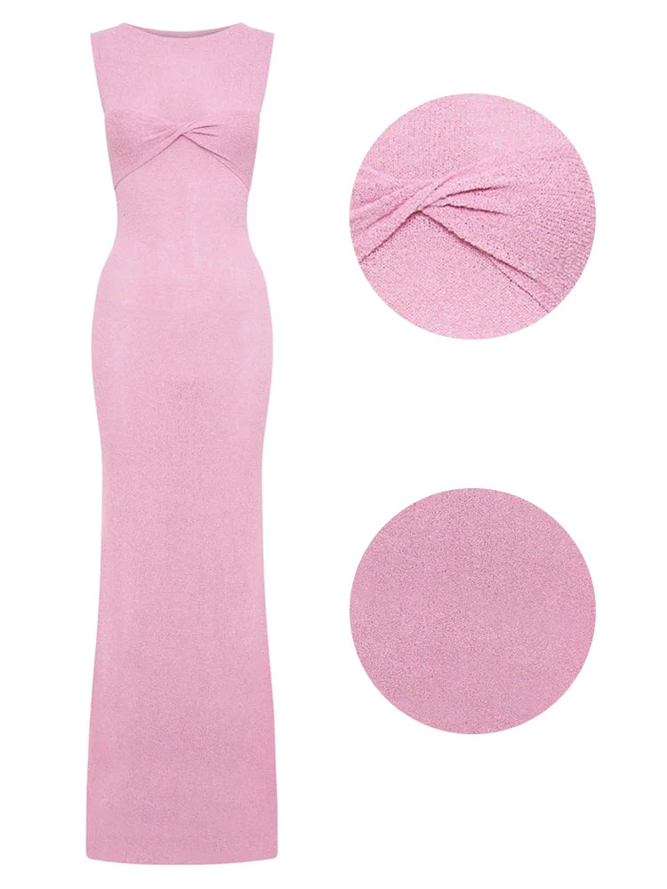 Tossy Summer Beach Knit Maxi Dress For Women Cover-Up Pink Sleeveless Twist Sundress Knitwear See-through Maxi Bodycon Dress New