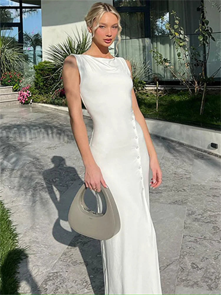 Tossy Summer Elegant White Maxi Dress High Waist Sleeveless Patchwork Women’s Party Dress High Split Solid Fashion Women Dress