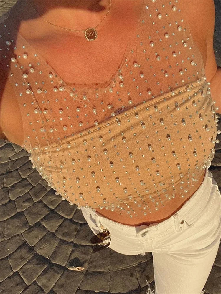 Tossy Summer Hollow Out Sexy Tank Top y2k top Beach Holiday Female Glitter Diamond Designer Crop top Pearls See-Through Vest New