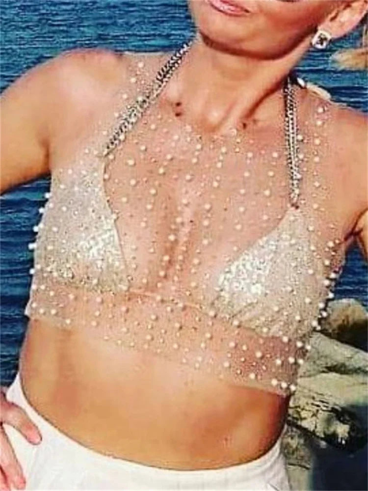 Tossy Summer Hollow Out Sexy Tank Top y2k top Beach Holiday Female Glitter Diamond Designer Crop top Pearls See-Through Vest New