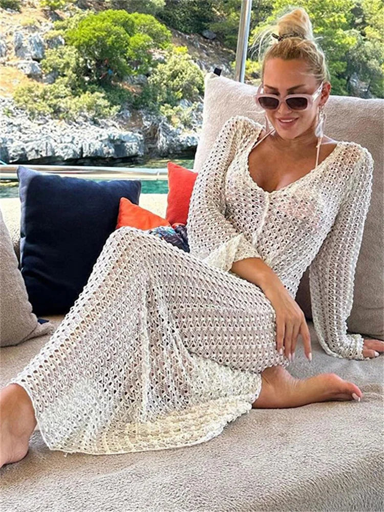 Tossy Summer Hollow Out V-Neck Cover up Maxi Dress – Women’s Beach Holiday See-Through Sexy High Waist Long Dress