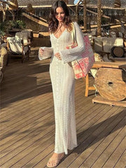 Tossy Summer Hollow Out V-Neck Cover up Maxi Dress – Women’s Beach Holiday See-Through Sexy High Waist Long Dress