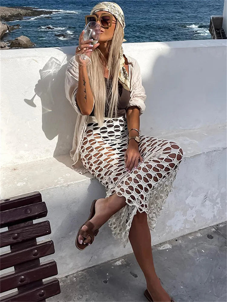 Tossy Summer Hollow Out White Maxi Skirt – High Waist Patchwork Fashion Women’s Swimwear