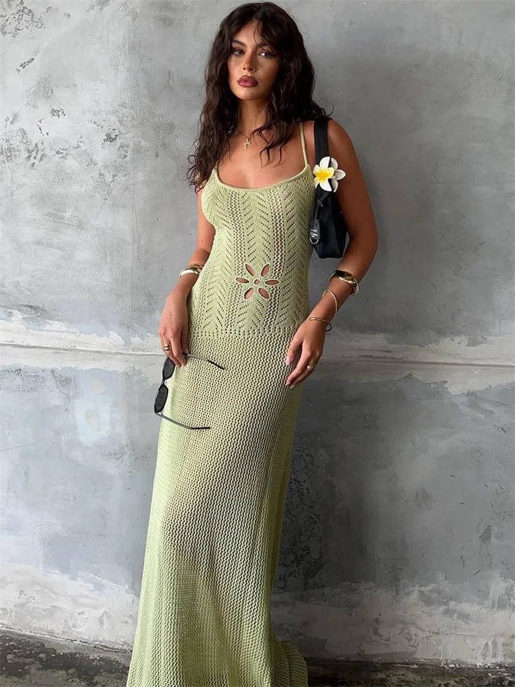 Tossy Summer Knit Bandage Maxi Dress Female Hollow Out See-Through Printed High Waist Backless Beach Holiday Women Long Dress