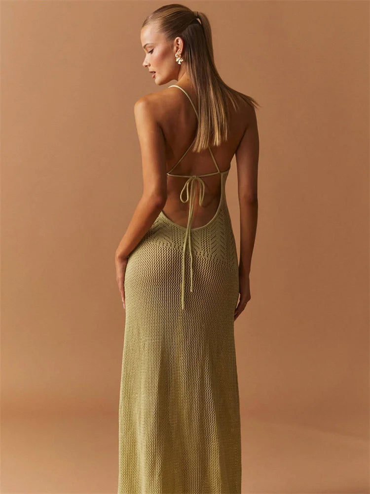 Tossy Summer Knit Bandage Maxi Dress Female Hollow Out See-Through Printed High Waist Backless Beach Holiday Women Long Dress