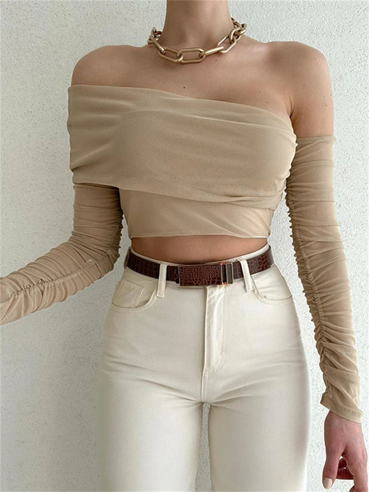 Tossy Summer Off Shoulder Long Sleeve Sheer Top Ladies Mesh Double-Layer Wrap Top Ruched Lace Cropped Tops Female New 2023