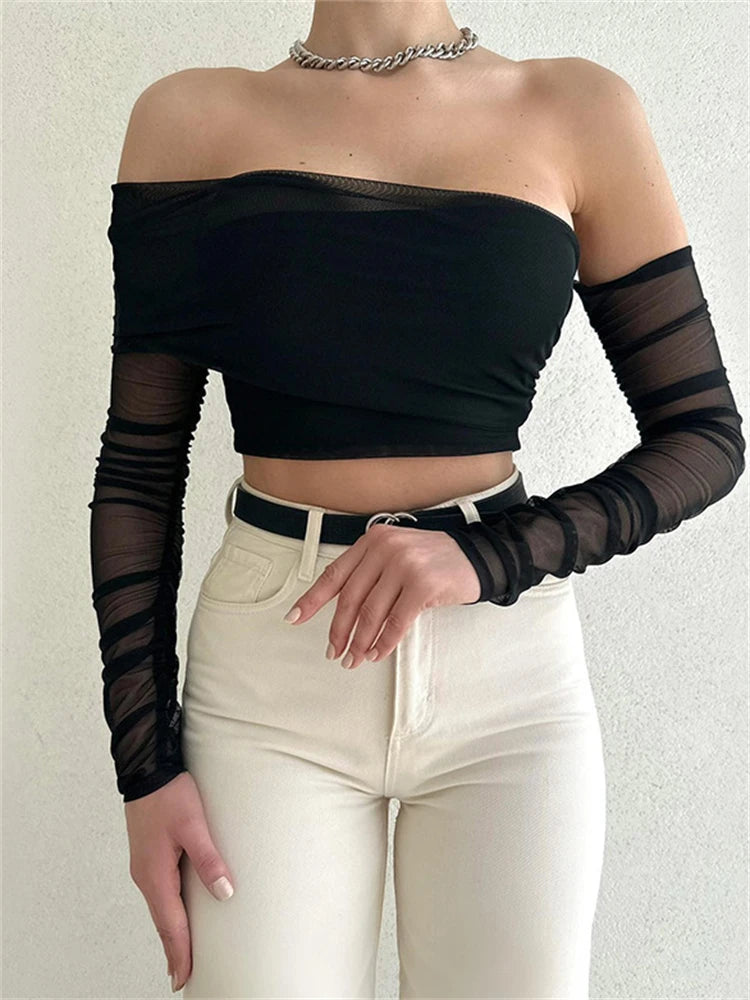 Tossy Summer Off Shoulder Long Sleeve Sheer Top Ladies Mesh Double-Layer Wrap Top Ruched Lace Cropped Tops Female New 2023