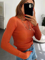 Tossy Summer Ribbed Long sleeves See-Through Tops Women Casual Knit Ribbed Top Tee For Women Knitted Pullover White Sexy Tops