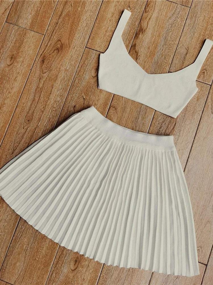 Tossy Summer Sleeveless Tank Top And Mini Pleated Skirt Sets Beach Outfits Knit Set Women 2 Piece Sets Sexy Party Dress Suit