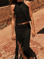 Tossy Tassel Hollow Out Maxi Skirt Sets Female Black Summer Sexy 2 Piece-Set Backless Lace-Up Crop top And Long Skirt Outfits