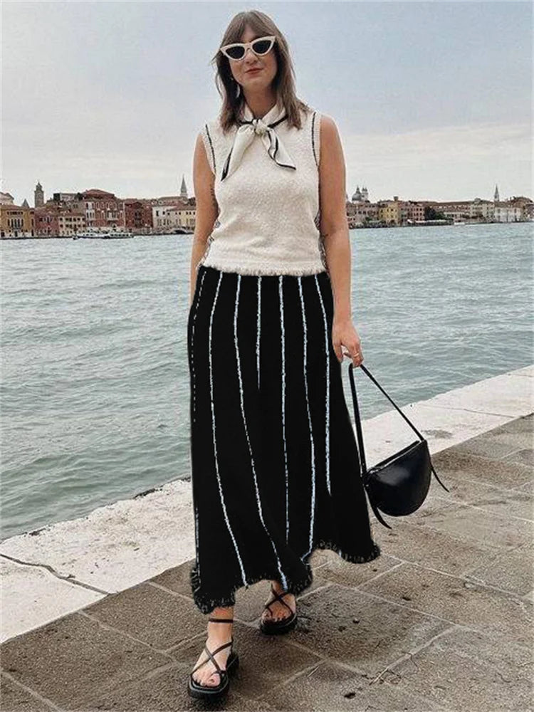 Tossy Tassel Striped Knit Long Skirt Women High Waist Elegant Zebra Printed Fashion Maxi Skirt Female Loose Autumn Long Skirt