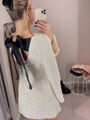 Tossy Tee Bow Backless Sequin Mini Dress Female Glitter Long Sleeve High Street Elegant Party Looks Dress Fashion Short Dress