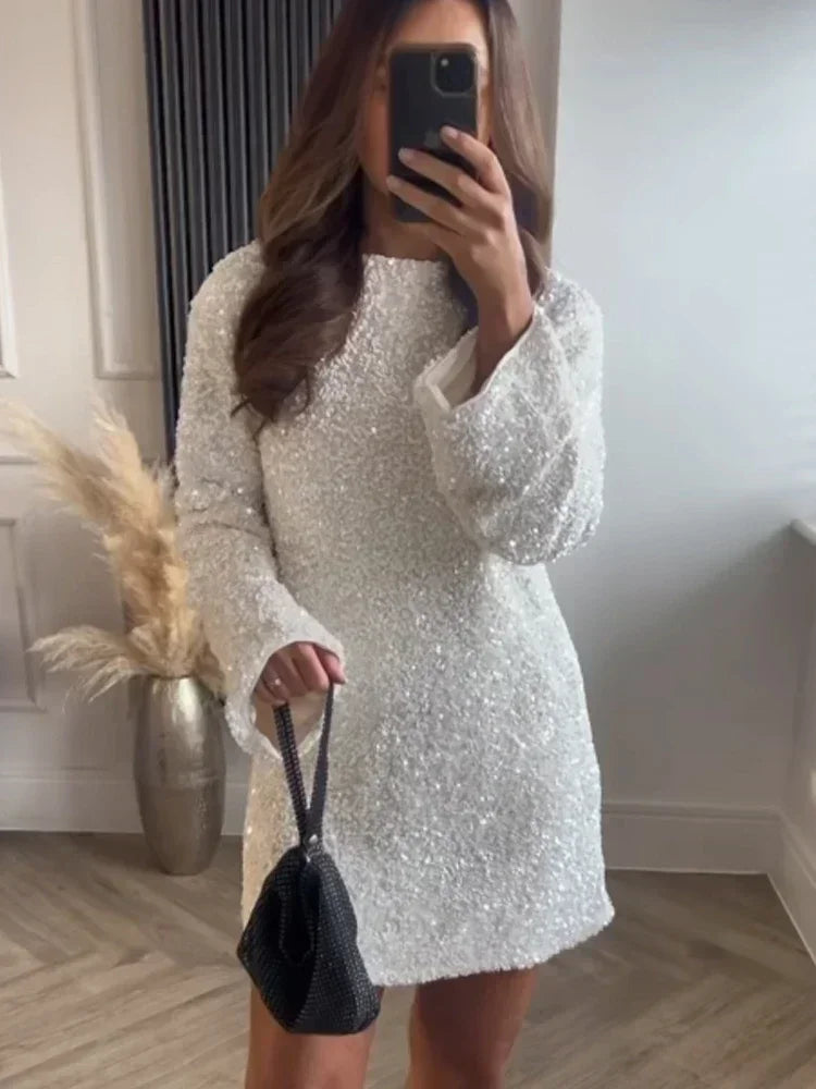 Tossy Tee Bow Backless Sequin Mini Dress Female Glitter Long Sleeve High Street Elegant Party Looks Dress Fashion Short Dress