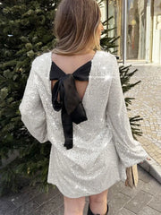 Tossy Tee Bow Backless Sequin Mini Dress Female Glitter Long Sleeve High Street Elegant Party Looks Dress Fashion Short Dress