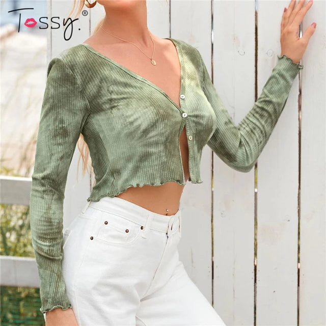 Tossy Tie Dye Print Women Crop Top White Ribbed Top Long Sleeve 2021 Spring V-Neck Outfits Casual Streetwear knitwear Cardigan