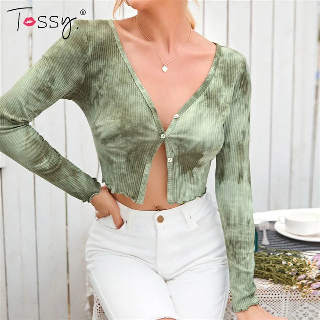 Tossy Tie Dye Print Women Crop Top White Ribbed Top Long Sleeve 2021 Spring V-Neck Outfits Casual Streetwear knitwear Cardigan