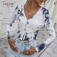 Tossy Tie Dye Print Women Crop Top White Ribbed Top Long Sleeve 2021 Spring V-Neck Outfits Casual Streetwear knitwear Cardigan