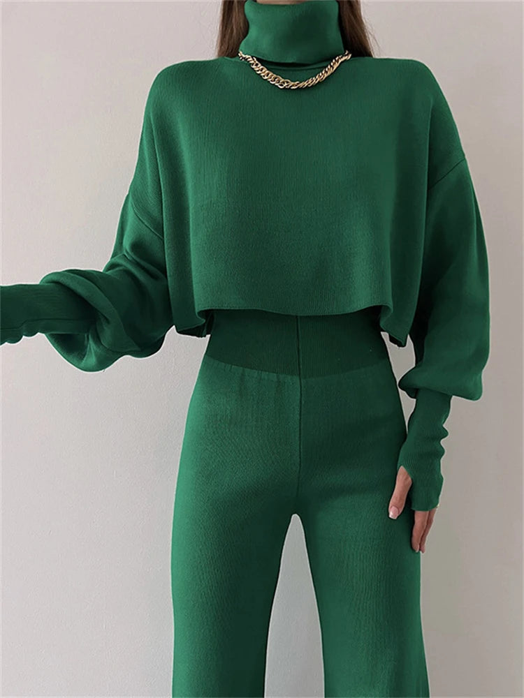 Tossy Turtleneck Two Piece Outfits For Women Lantern Sleeve Cropped Top And Straight Leg Pants Sets Tracksuit Casual Outfits