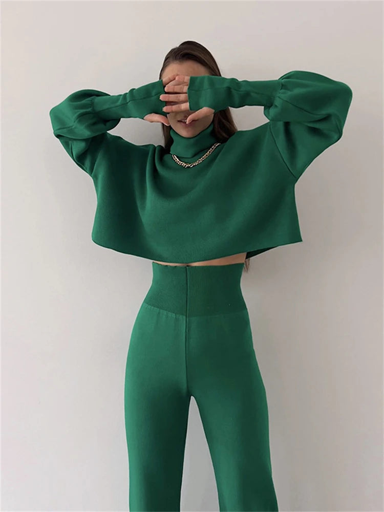 Tossy Turtleneck Two Piece Outfits For Women Lantern Sleeve Cropped Top And Straight Leg Pants Sets Tracksuit Casual Outfits