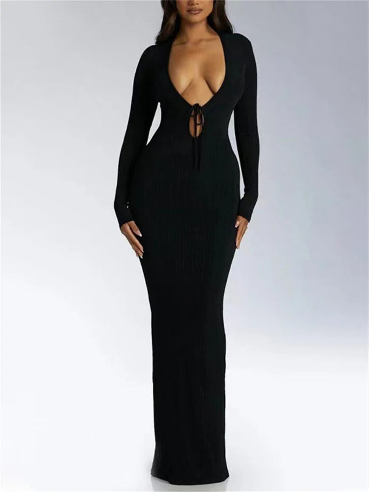 Tossy V-Neck High Waist Slim Maxi Dress – Solid Bandage Elegant Fashion Long Sleeve Party Dress Summer 2024