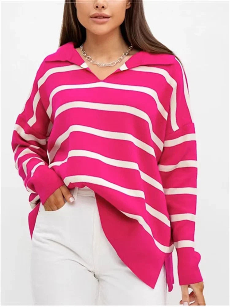 Tossy V-Neck Knit Casual Pullover For Women Striped Slim Long Sleeve Contrast Loose Sweater High Street Knitwear Pullover Top