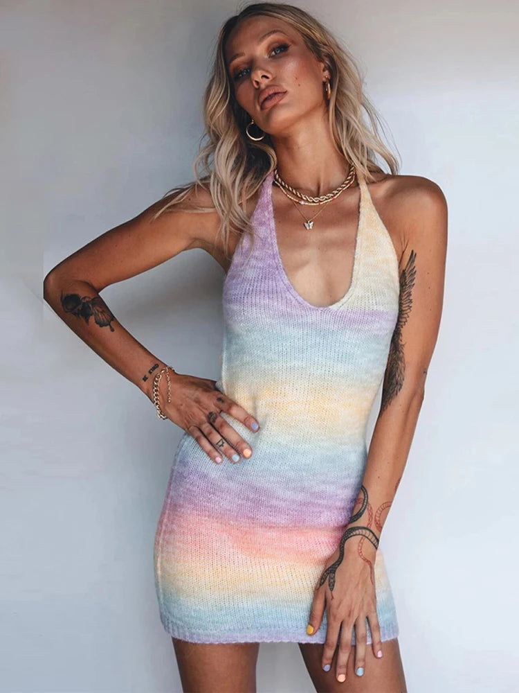 Tossy V-Neck Knitted Dress Tie-Dye Holiday Party Backless Beach Cover-Up Dress Bodycon Slim Sleeveless Summer Mini Sweater Dress