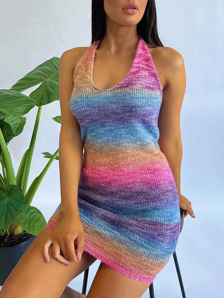 Tossy V-Neck Knitted Dress Tie-Dye Holiday Party Backless Beach Cover-Up Dress Bodycon Slim Sleeveless Summer Mini Sweater Dress