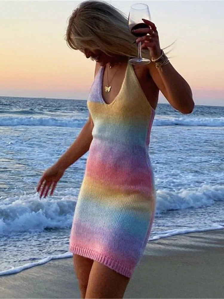 Tossy V-Neck Knitted Dress Tie-Dye Holiday Party Backless Beach Cover-Up Dress Bodycon Slim Sleeveless Summer Mini Sweater Dress