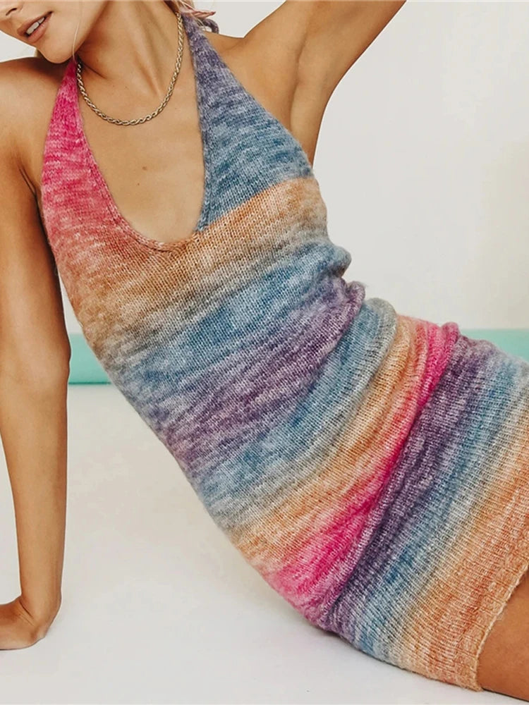 Tossy V-Neck Knitted Dress Tie-Dye Holiday Party Backless Beach Cover-Up Dress Bodycon Slim Sleeveless Summer Mini Sweater Dress