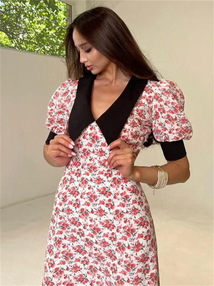 Tossy V-Neck Patchwork Printed Dress Summer For Women Short Sleeve Fashion High Waist Party Dress Contrast Ladies Maxi Dress