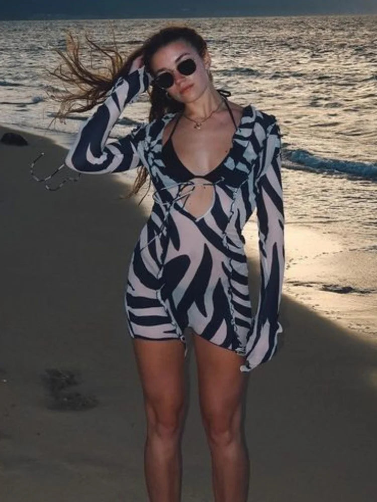 Tossy V-Neck See-Through Zebra Printed Mini Dress For Women Lace-Up Hollow Out Long Sleeve Party Dress Striped Sexy Female Dress