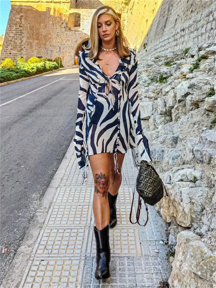 Tossy V-Neck See-Through Zebra Printed Mini Dress For Women Lace-Up Hollow Out Long Sleeve Party Dress Striped Sexy Female Dress