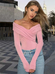 Tossy V-Neck Summer Patchwork T-shirt Cropped Top For Women Fashion Mesh Long Sleeve Sexy Off-Shoulder Female Y2k Top Tee 2024