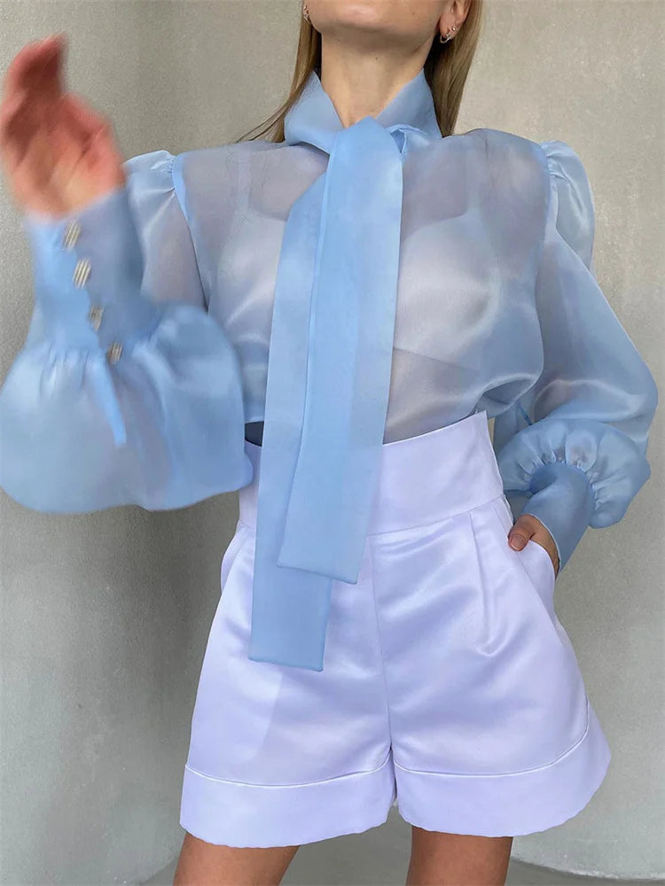 Tossy White Chiffon Top Shirts For Women Elegant Long Lantern Sleeve Mesh T-shirt See-Through Blouse Bow Sheer Ladies Shirts