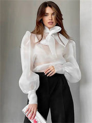 Tossy White Chiffon Top Shirts For Women Elegant Long Lantern Sleeve Mesh T-shirt See-Through Blouse Bow Sheer Ladies Shirts