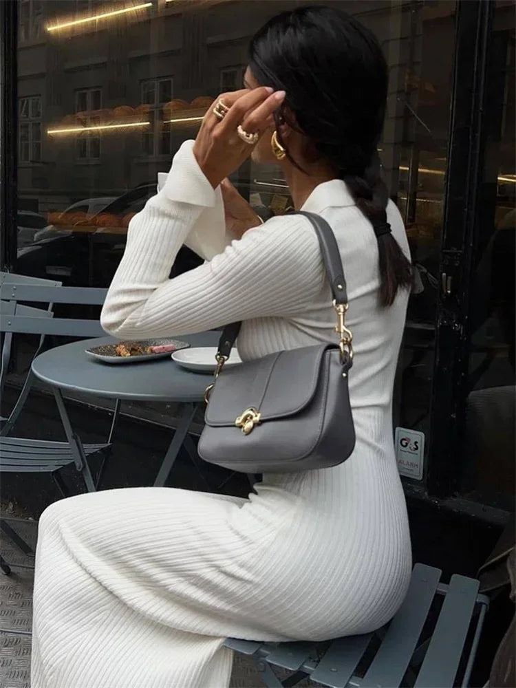 Tossy White High Waist Knitwear Dress Fashion Women Rib Lapel Autumn 2023 Slim Elegant Long Dress Casual Knit Solid Party Dress