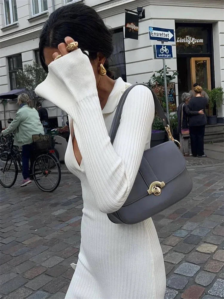 Tossy White High Waist Knitwear Dress Fashion Women Rib Lapel Autumn 2023 Slim Elegant Long Dress Casual Knit Solid Party Dress