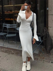 Tossy White High Waist Knitwear Dress Fashion Women Rib Lapel Autumn 2023 Slim Elegant Long Dress Casual Knit Solid Party Dress