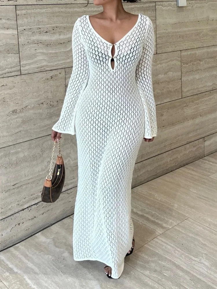 Tossy White Knit Fashion Cover up Maxi Dress – Female See-Through V-Neck Hollow Out Beach Holiday Dress