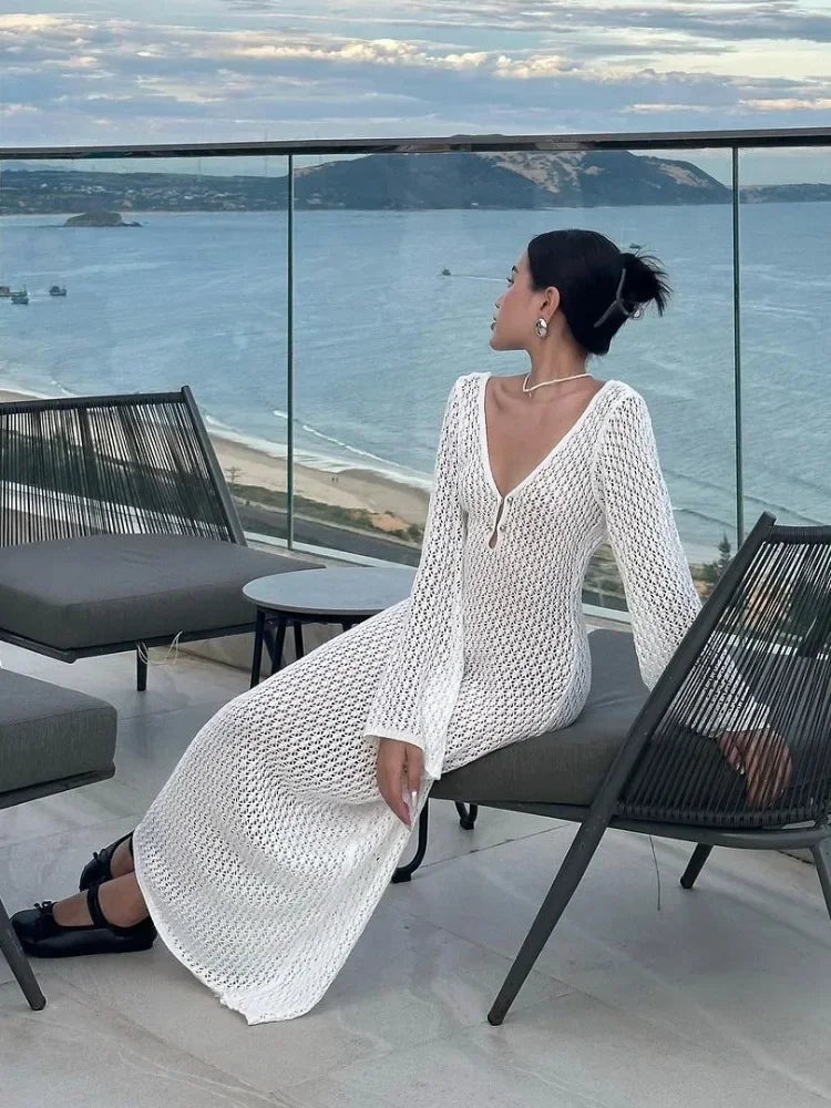 Tossy White Knit Fashion Cover up Maxi Dress – Female See-Through V-Neck Hollow Out Beach Holiday Dress