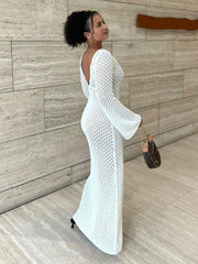 Tossy White Knit Fashion Cover up Maxi Dress – Female See-Through V-Neck Hollow Out Beach Holiday Dress