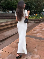 Tossy White Knit Fashion Maxi Dress For Women Short Sleeve Patchwork Elegant Party Dress Lapel High Waist Knitwear Women’s Dress